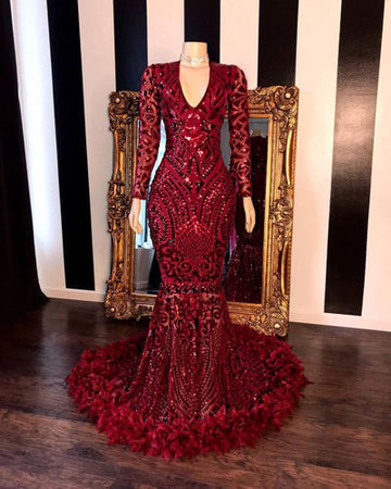 LONG SLEEVESS V-NECK BEADING PATTERNS LONG MERMAID PROM GOWNS HZ1023